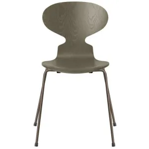 Fritz Hansen Ant Chair Colored Ash Olive Green Bowl, Brown Bronze Base
